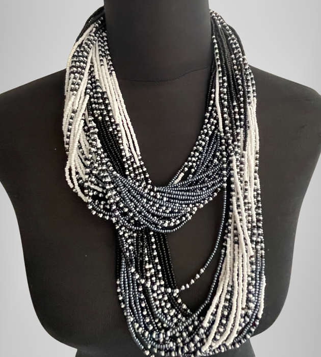 Original Abacus 24-Strand Traditional Zulu Hand-Beaded Necklace  395g  Black & White  68cm Length