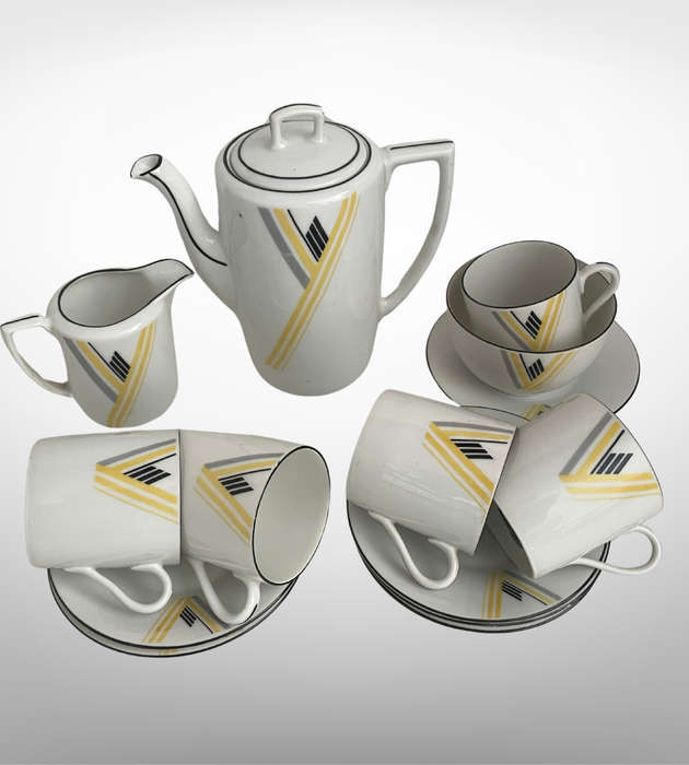 Vintage 1930s Art Deco Fine Porcelain Coffee/Tea Set  MZ Altrohlau & Protea China, Yellow and Blac