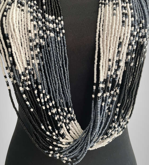 Original Abacus 34-Strand Traditional Zulu Hand-Beaded Necklace  427g  Black, White & Steel Grey