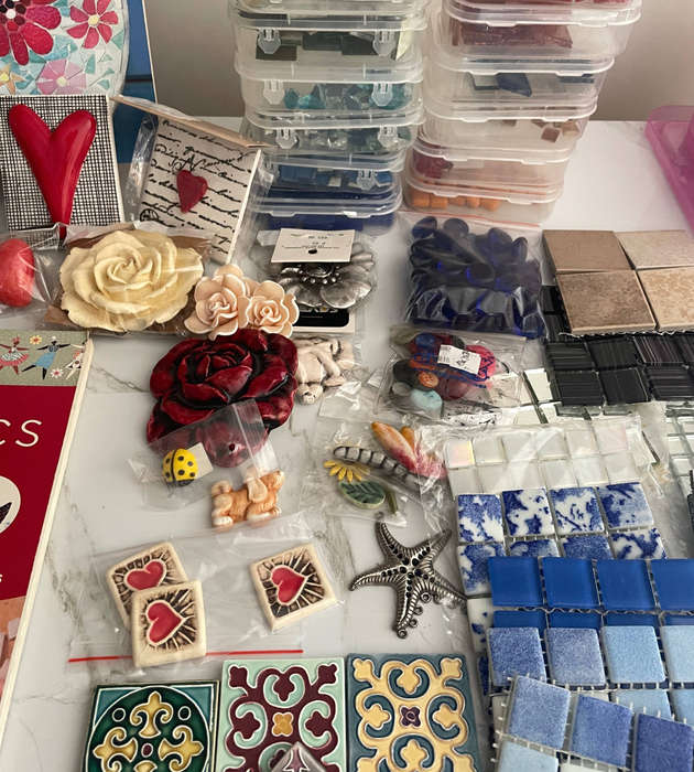 Lot of Over 70 Mosaic Squares with 12 Holders + Tools & 4 Mosaic Books  Used Condition