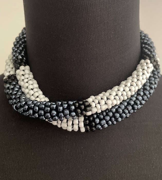 Original Abacus Handmade Beaded Necklace by Vutha  Black, White & Gunmetal Gray  40cm Folded