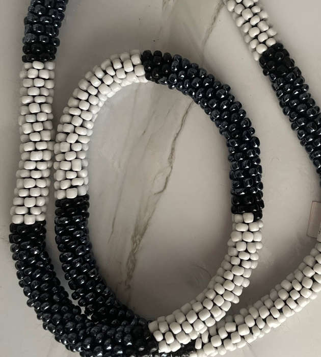 Original Abacus Handmade Beaded Necklace by Vutha  Black, White & Gunmetal Gray  40cm Folded