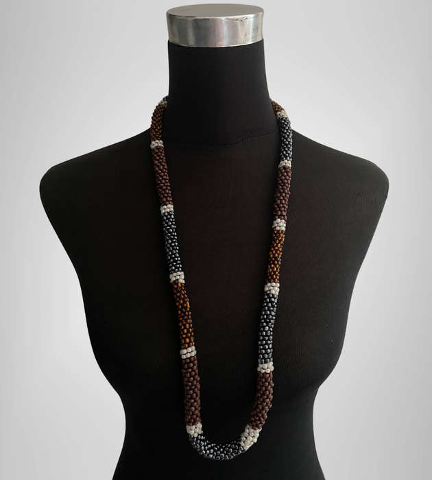 Original Abacus Beaded Necklace  Amber Iridescent, Gunmetal Gray, Brown & Pearly White  46cm  122