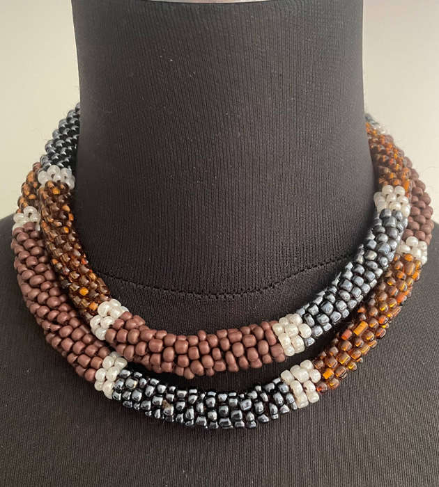 Original Abacus Beaded Necklace  Amber Iridescent, Gunmetal Gray, Brown & Pearly White  46cm  122