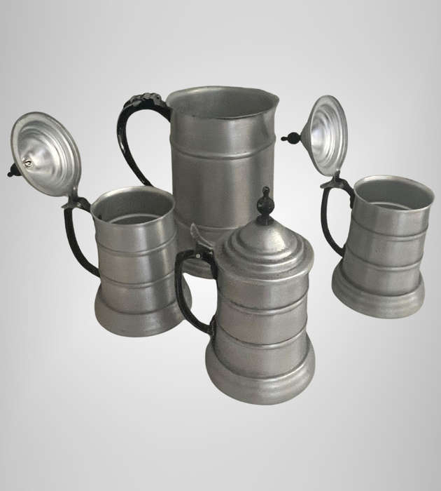 4-Piece Vintage 1970s German Style Beer Stein Set  3x Lidded Aluminum Steins + 1x Jug