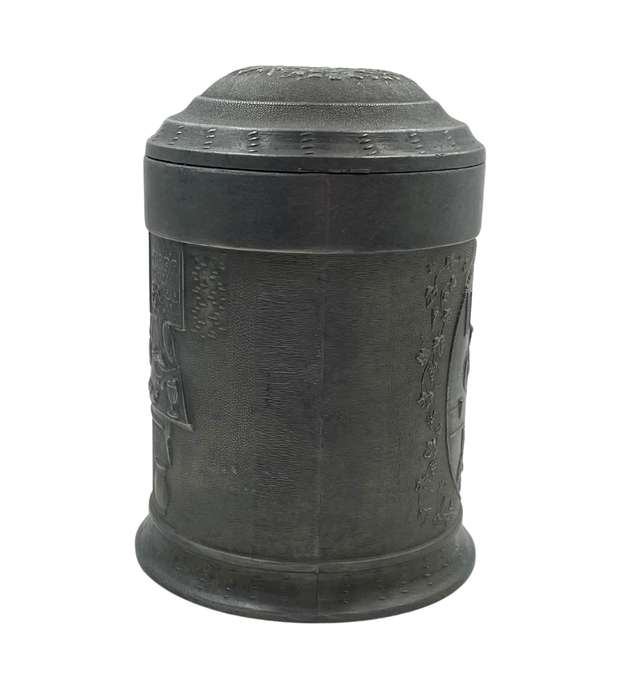Vintage 1950s European Pewter Tankard with Flat Lid and Raised Relief Scenes  Angel Quality Mark