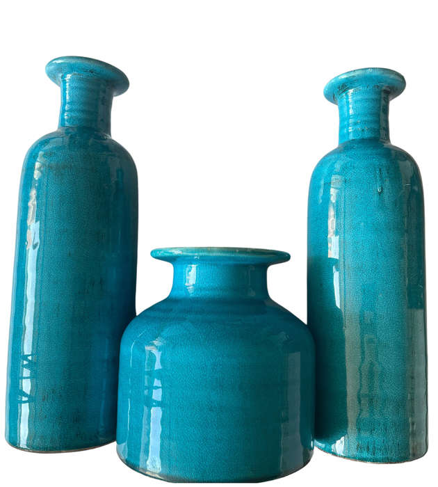 40cm Large Modern Crackle Glaze Turquoise Blue Ceramic Vases  3-Piece Set