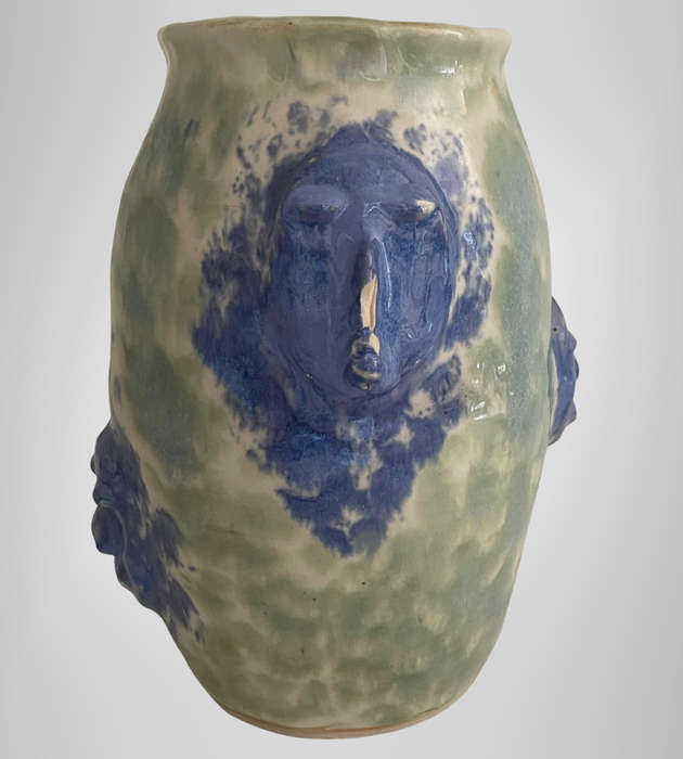 Unique Unmarked Stoneware Vase  Four Faces  Super Heavy Glaze  Brutalist Pottery- Studio Pottery