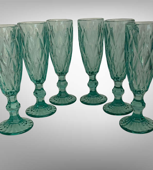 Set of 6 Green Champagne Flutes | 300ml Diamond Pattern Pressed Glass | Vintage Style | Used