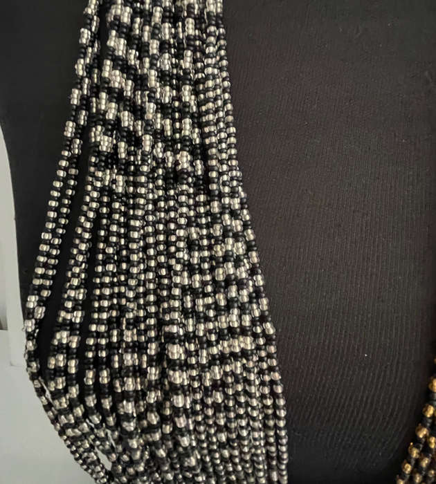 Original Abacus 34-Strand Traditional Zulu Hand-Beaded Necklace  396g  Black, Gold & Silver  51cm