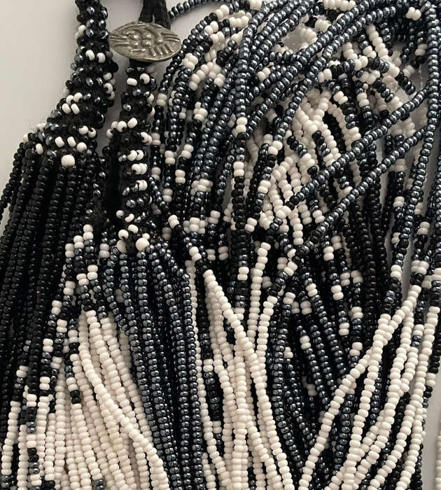 Original Abacus 34-Strand Traditional Zulu Hand-Beaded Necklace  427g  Black, White & Steel Grey
