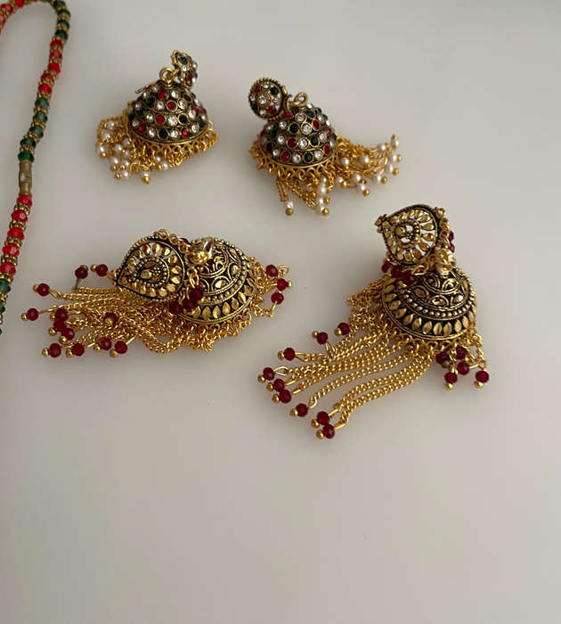 Vintage HUIMEI JEWELRY Set  2 Pairs Eastern-Style Earrings & 3 Necklaces in Velvet Box