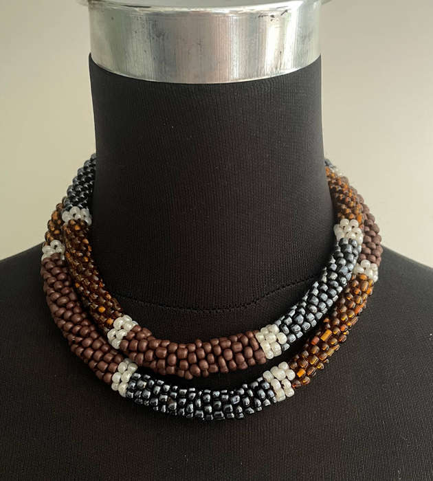 Original Abacus Beaded Necklace  Amber Iridescent, Gunmetal Gray, Brown & Pearly White  46cm  122