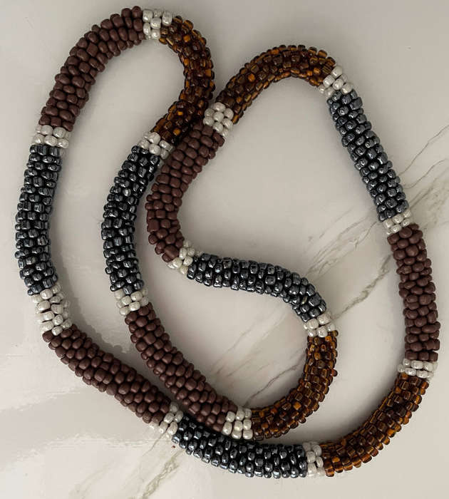 Original Abacus Beaded Necklace  Amber Iridescent, Gunmetal Gray, Brown & Pearly White  46cm  122