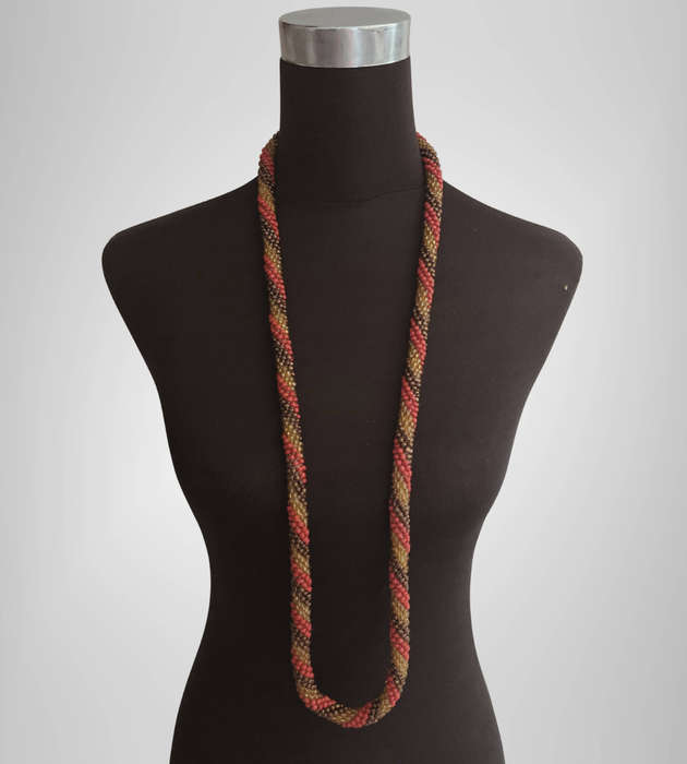 Original Abacus Twist Beaded Necklace  Amber Iridescent, Coral Red & Shiny Brown  55cm Folded  15