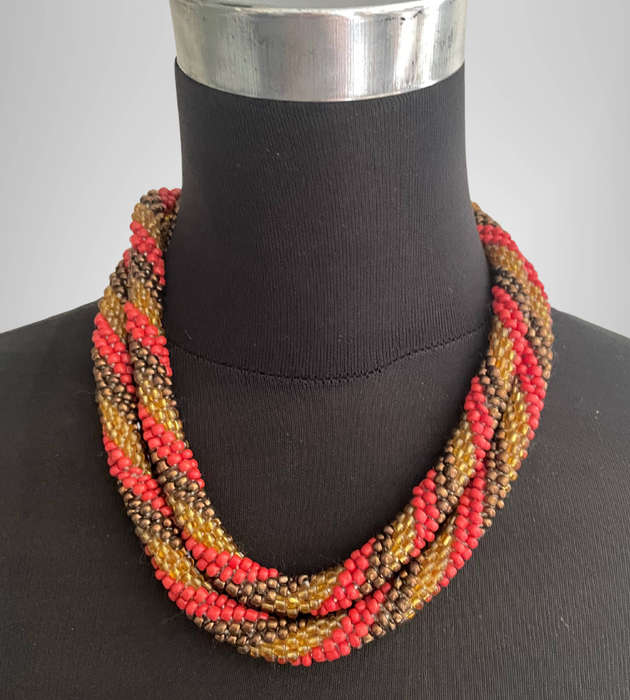 Original Abacus Twist Beaded Necklace  Amber Iridescent, Coral Red & Shiny Brown  55cm Folded  15