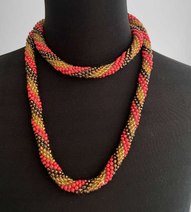 Original Abacus Twist Beaded Necklace  Amber Iridescent, Coral Red & Shiny Brown  55cm Folded  15