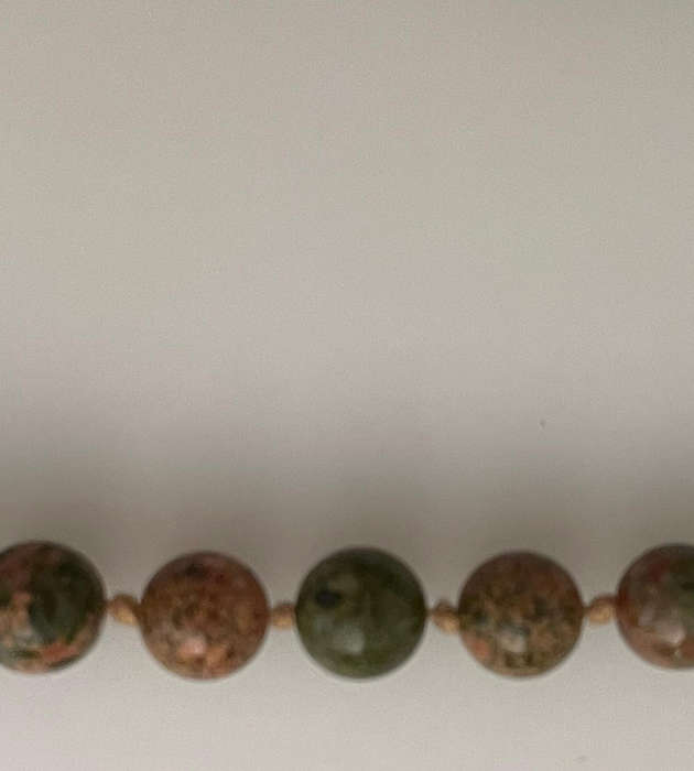 Heavy 54-Bead Unakite Necklace 11mm Rosary Style  Individually Knotted with Silverplated Clasp  70