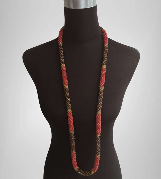 Original Abacus Seed Bead Strand  Coral Red, Iridescent Amber & Bronze  61cm  156g