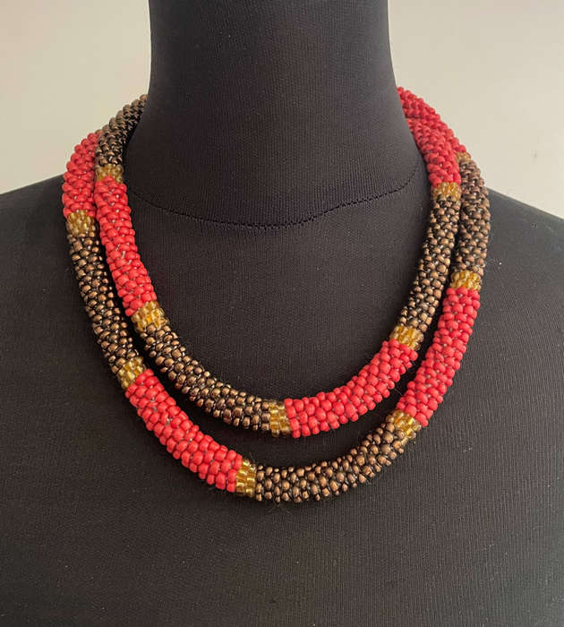 Original Abacus Seed Bead Strand  Coral Red, Iridescent Amber & Bronze  61cm  156g