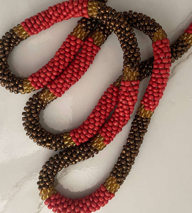 Original Abacus Seed Bead Strand  Coral Red, Iridescent Amber & Bronze  61cm  156g