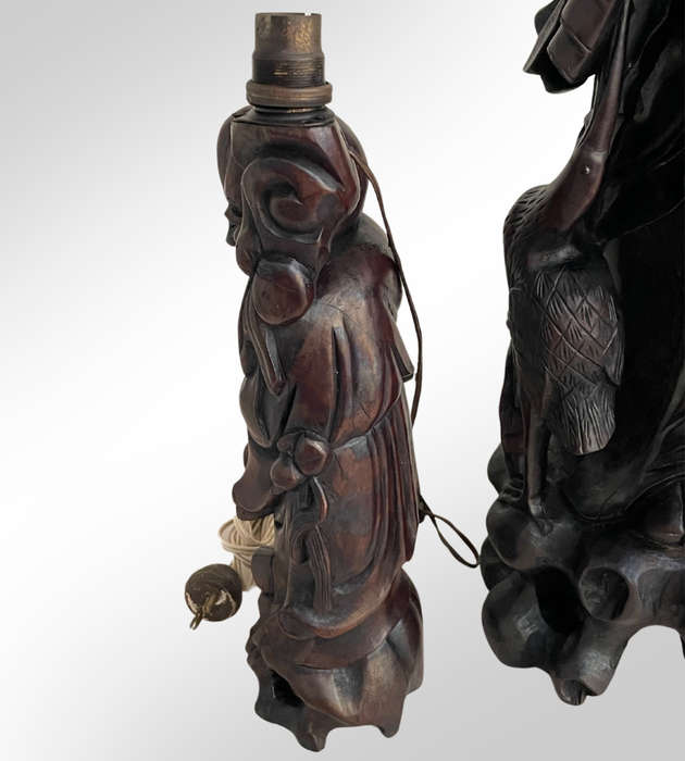 Large Antique Japan Meiji Period Ironwood Okimono Lamps (Set of 2)  Hand-Carved Shou Lao Statues
