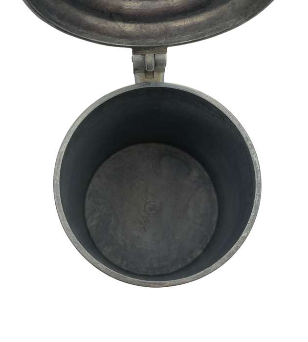 Vintage 1950s European Pewter Tankard with Flat Lid and Raised Relief Scenes  Angel Quality Mark