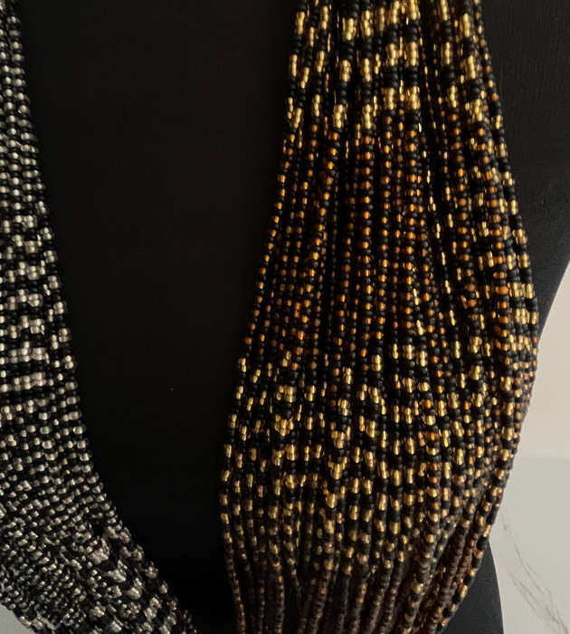 Original Abacus 34-Strand Traditional Zulu Hand-Beaded Necklace  396g  Black, Gold & Silver  51cm
