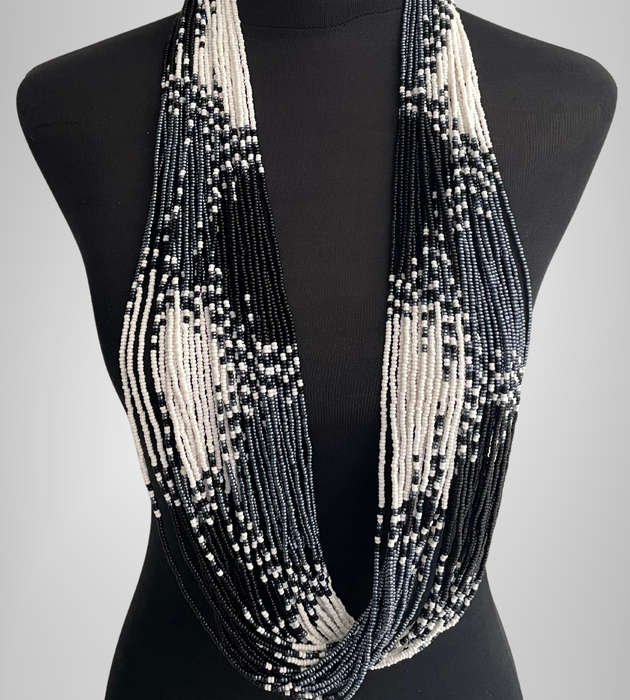 Original Abacus 34-Strand Traditional Zulu Hand-Beaded Necklace  427g  Black, White & Steel Grey