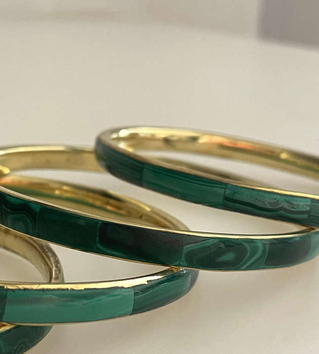 1970s Hand Made Congo Malachite & Brass Bangles - Banded Flower Malachite - Sold Per Piece