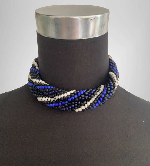Original Abacus Multi-Strand Necklace  Black, Blue & White  40cm Folded  95g