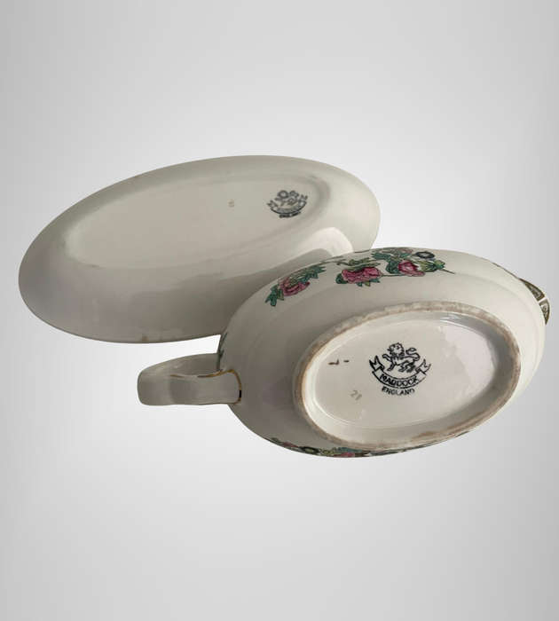 1930s John Maddock & Sons Indian Tree Sauce Boat with Matching Saucer  Royal Vitreous, England