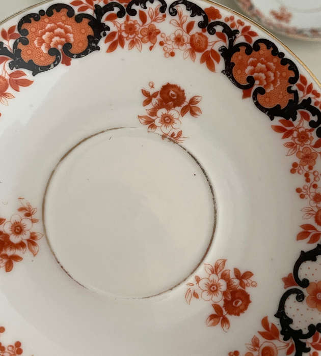 Antique PSAG Schönwald Black & Orange Porcelain Cup & Saucer Set, 1911-1927, Gold Trim- German