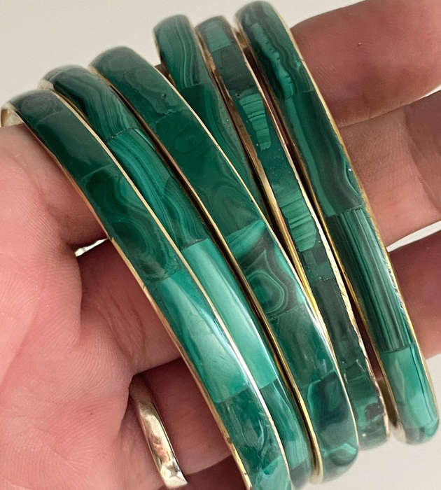 1970s Hand Made Congo Malachite & Brass Bangles - Banded Flower Malachite - Sold Per Piece