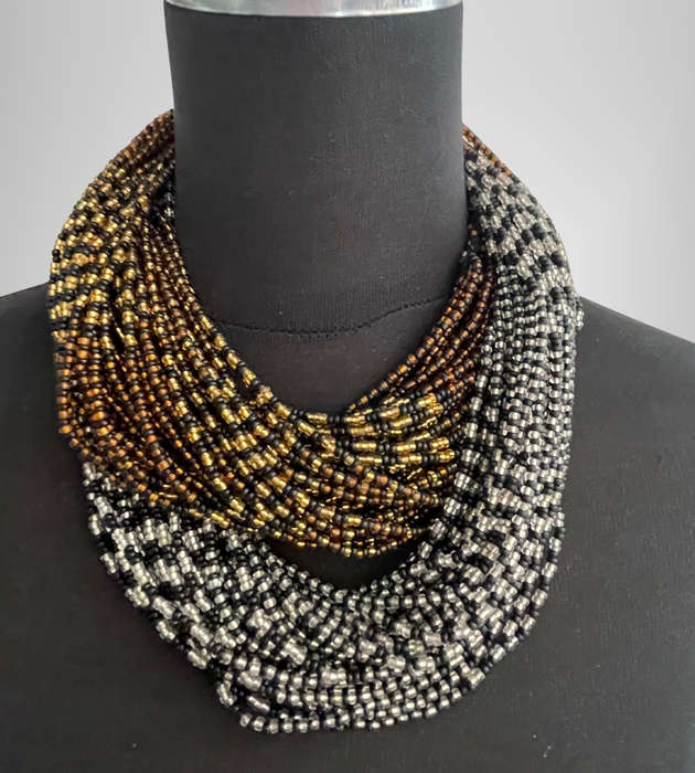 Original Abacus 34-Strand Traditional Zulu Hand-Beaded Necklace  396g  Black, Gold & Silver  51cm