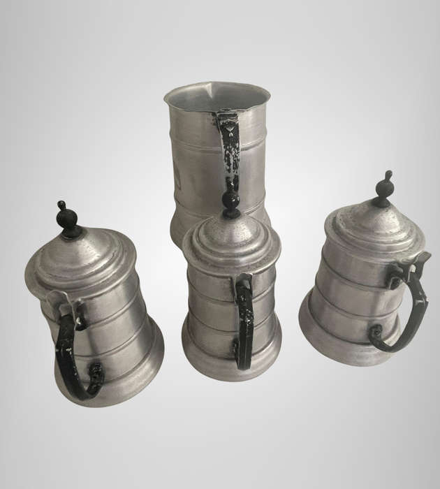 4-Piece Vintage 1970s German Style Beer Stein Set  3x Lidded Aluminum Steins + 1x Jug