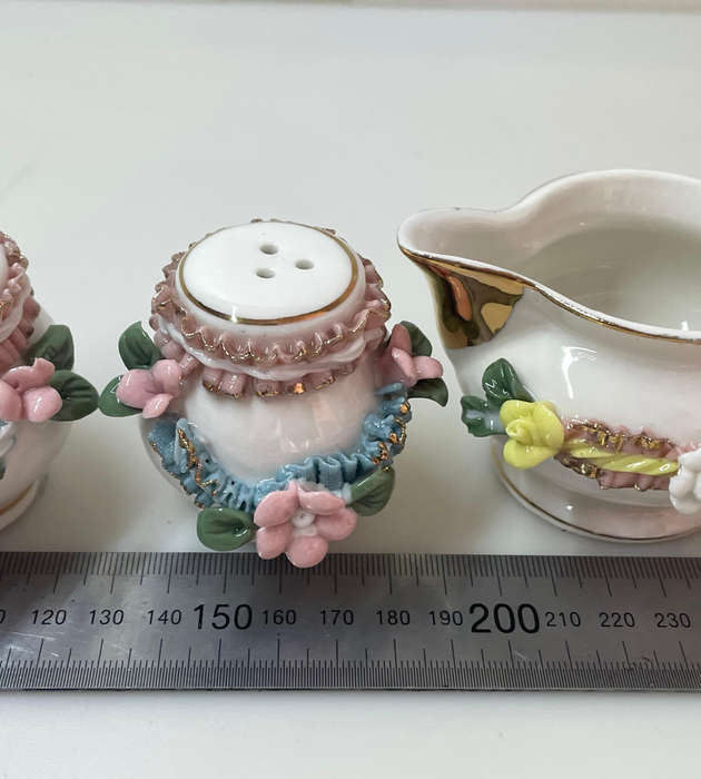 Vintage 1996 Rose Garden 3D Floral Porcelain Tabletop Set  6-Piece  Ribbons, Roses & Gold Trim