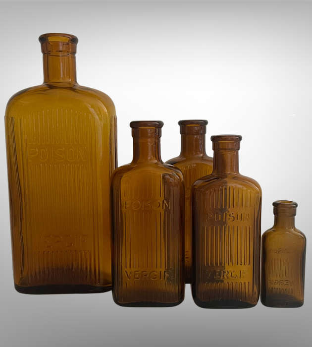 Vintage Amber Glass Poison Bottles Set of 5