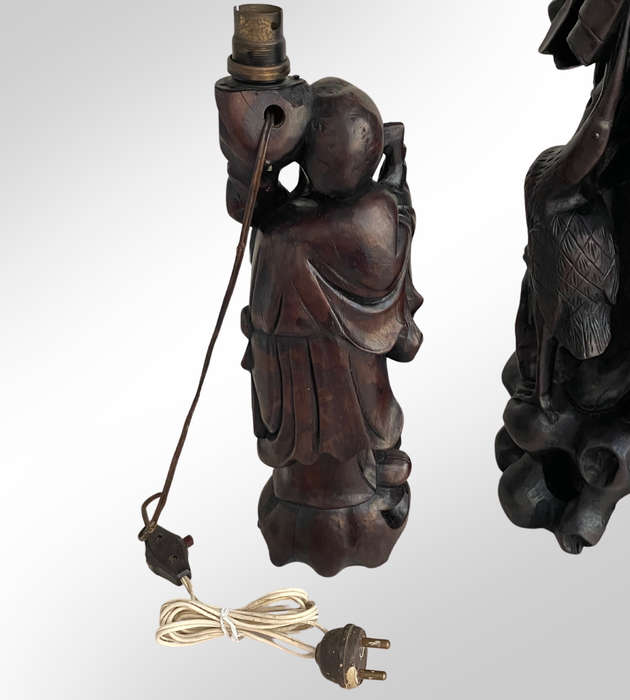Large Antique Japan Meiji Period Ironwood Okimono Lamps (Set of 2)  Hand-Carved Shou Lao Statues