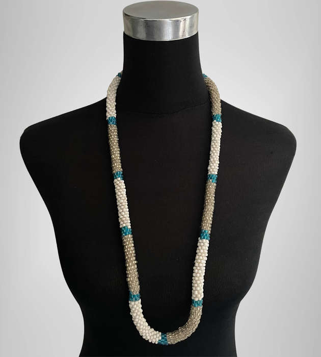 Tubed Design Blue, Silver and White Handmade Necklace  45cm Folded   Original Abacus by Vutha