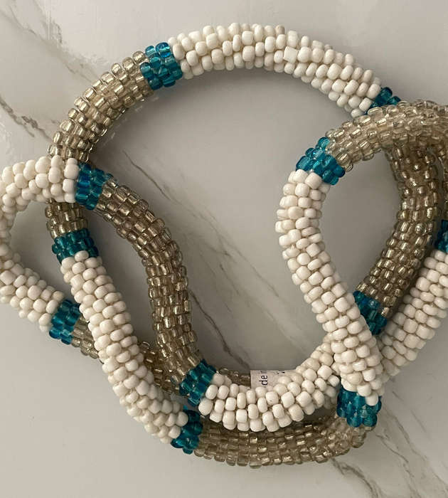 Tubed Design Blue, Silver and White Handmade Necklace  45cm Folded   Original Abacus by Vutha