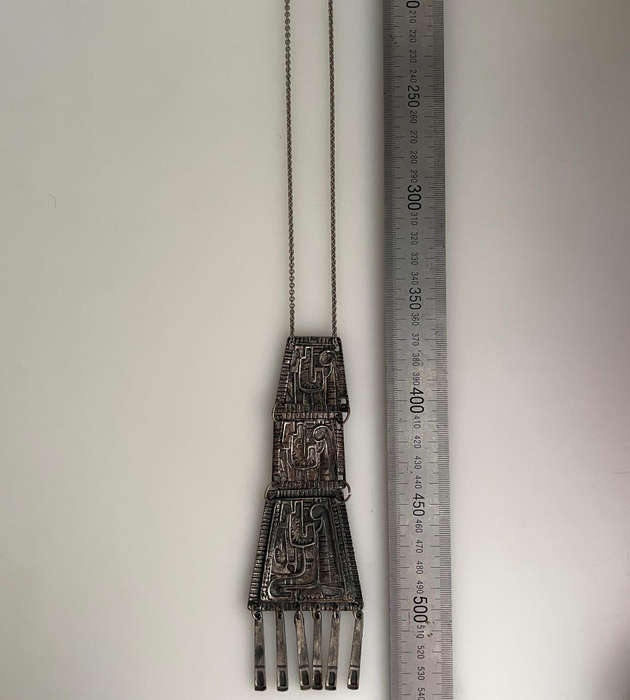 Vintage Brutalist Tribal Pendant Necklace  Long Abstract Metal Design (37cm Drop, 54cm Total Length