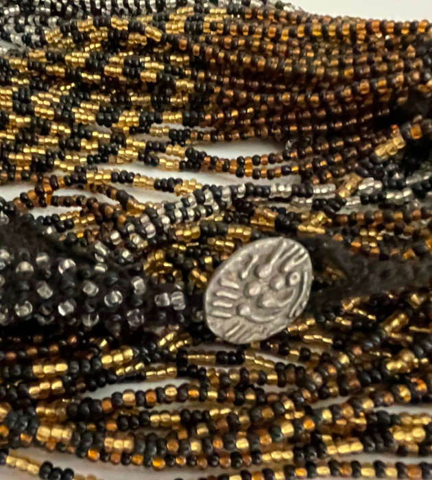 Original Abacus 34-Strand Traditional Zulu Hand-Beaded Necklace  396g  Black, Gold & Silver  51cm