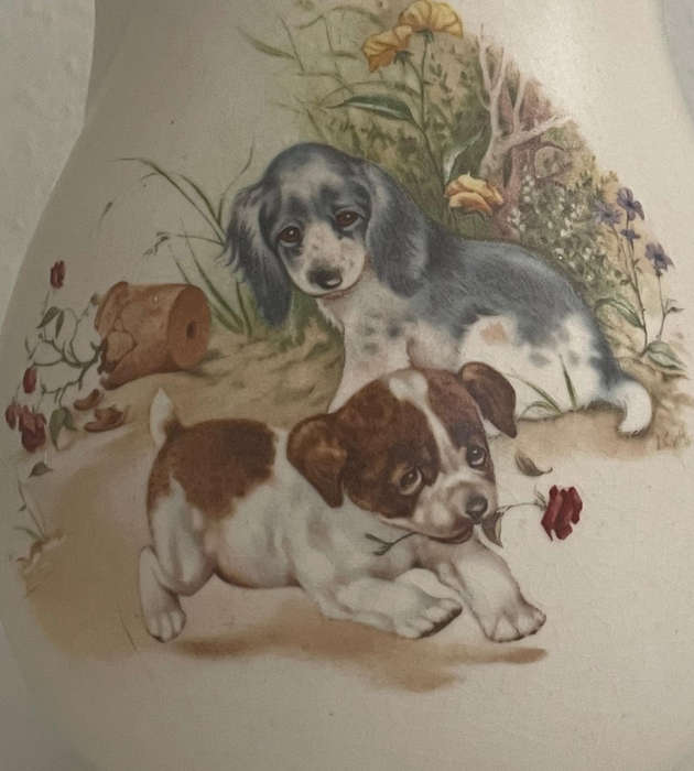 Vintage Ceramic Milk Jug  Ashdale Style  Puppy Motif  16cm  Crazed Glaze