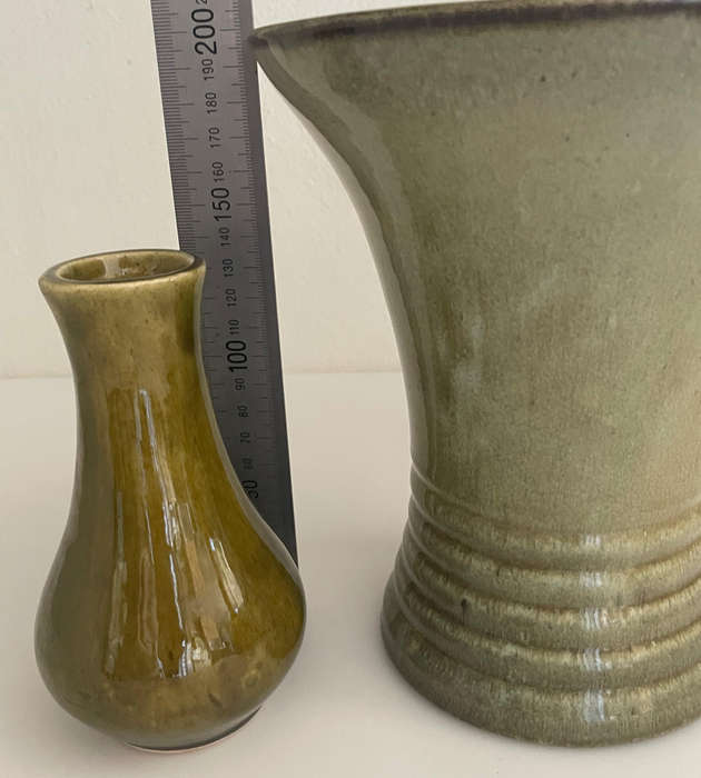 Reserved for Carl - Heavy Vintage Studio Pottery Vase  Drip Green Glaze Ribbed Base
