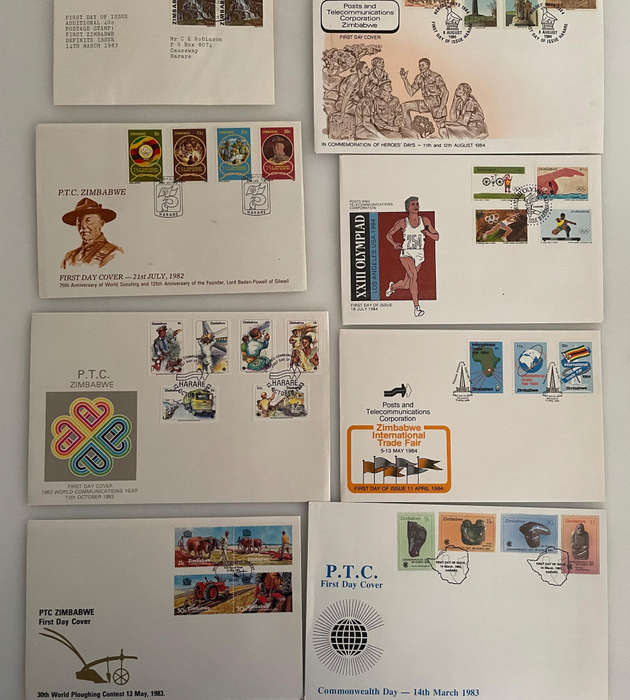 Lot of 32 Zimbabwe First Day Covers & 10 Postcards (19821993)  Wildlife, Olympics, Steam, Minerals