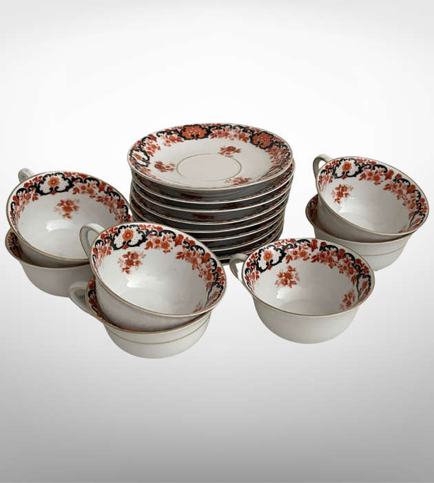 Antique PSAG Schönwald Black & Orange Porcelain Cup & Saucer Set, 1911-1927, Gold Trim- German