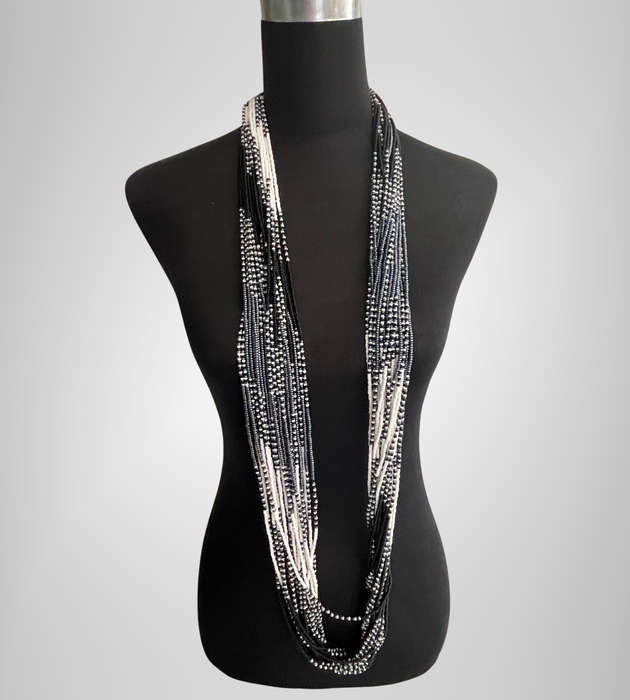 Original Abacus 24-Strand Traditional Zulu Hand-Beaded Necklace  395g  Black & White  68cm Length