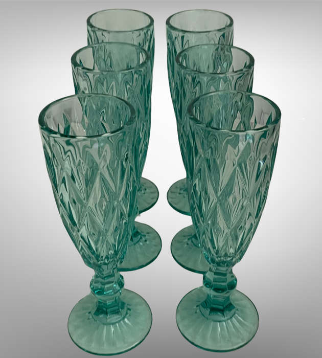 Set of 6 Green Champagne Flutes | 300ml Diamond Pattern Pressed Glass | Vintage Style | Used