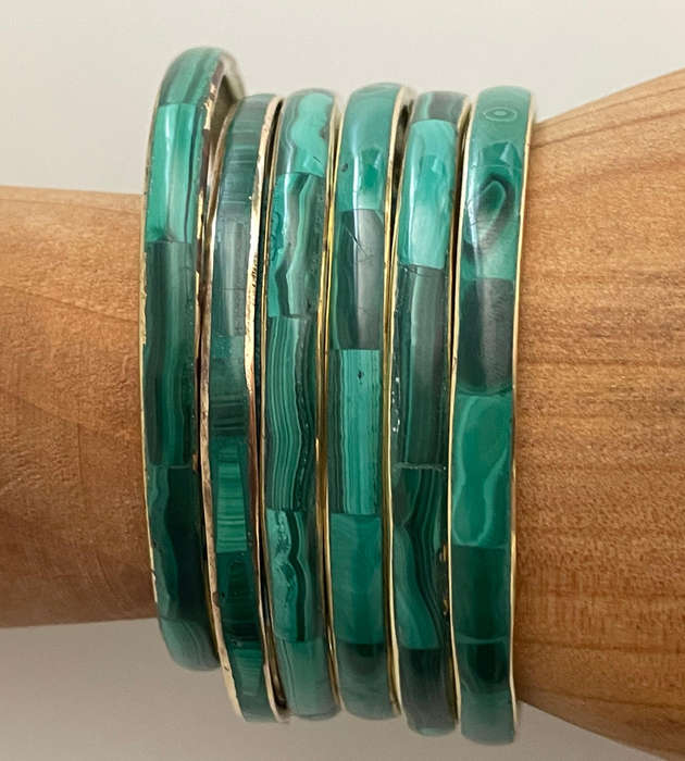 1970s Hand Made Congo Malachite & Brass Bangles - Banded Flower Malachite - Sold Per Piece